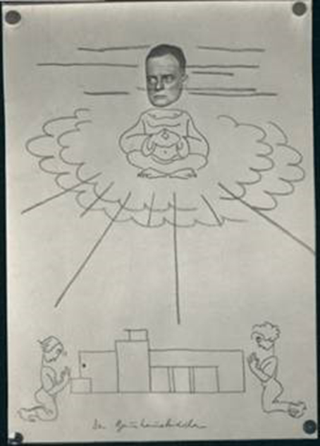 Caricature of Paul Klee: "The Bauhaus Buddha". Photograph of a lost drawing and photo collage, dating: 1928 - 1929, dimensions: deduction (HxW): 7 x 5 cm, frame dimensions (HxWxD): 51.2 x 36.2 x 2.5 cm; Sign / lettering: Originally titled below, inscribed on the back: "Klee"; Technique / Material: Gelatin silver paper