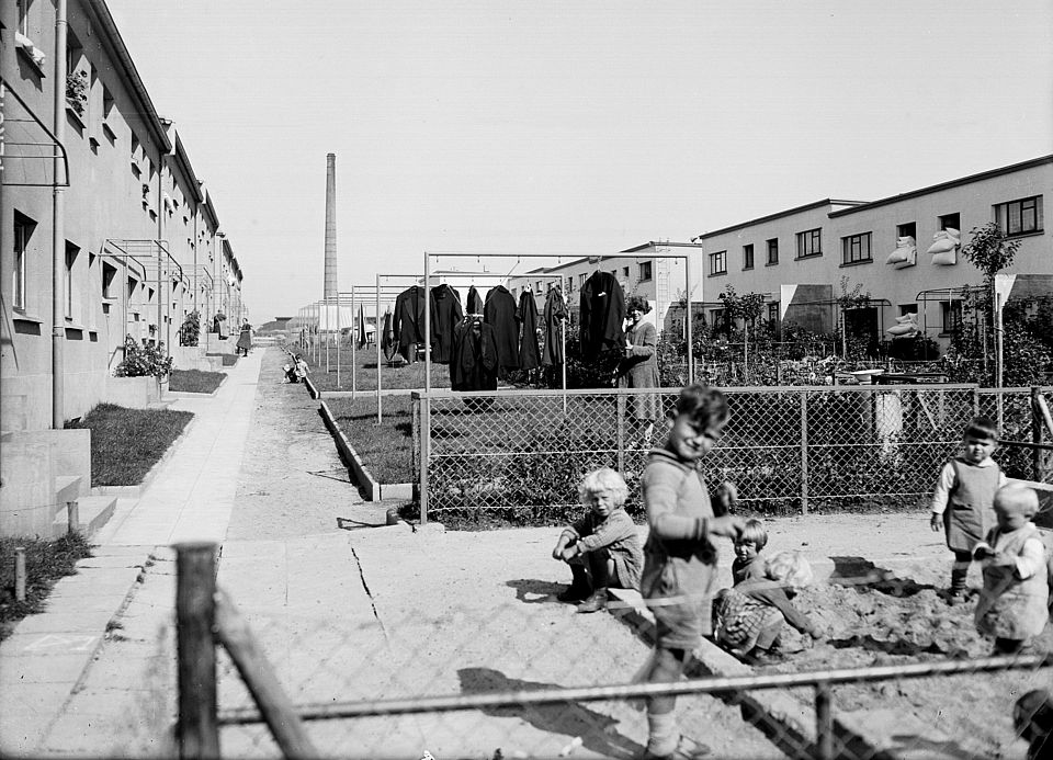 Siedlung Westhausen - View through the gardens of the rows of terraced houses to the chimney of the central laundry